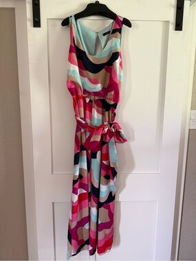 Trina Turk Pink Aqua Multicolor Wave-Print Maxi Dress